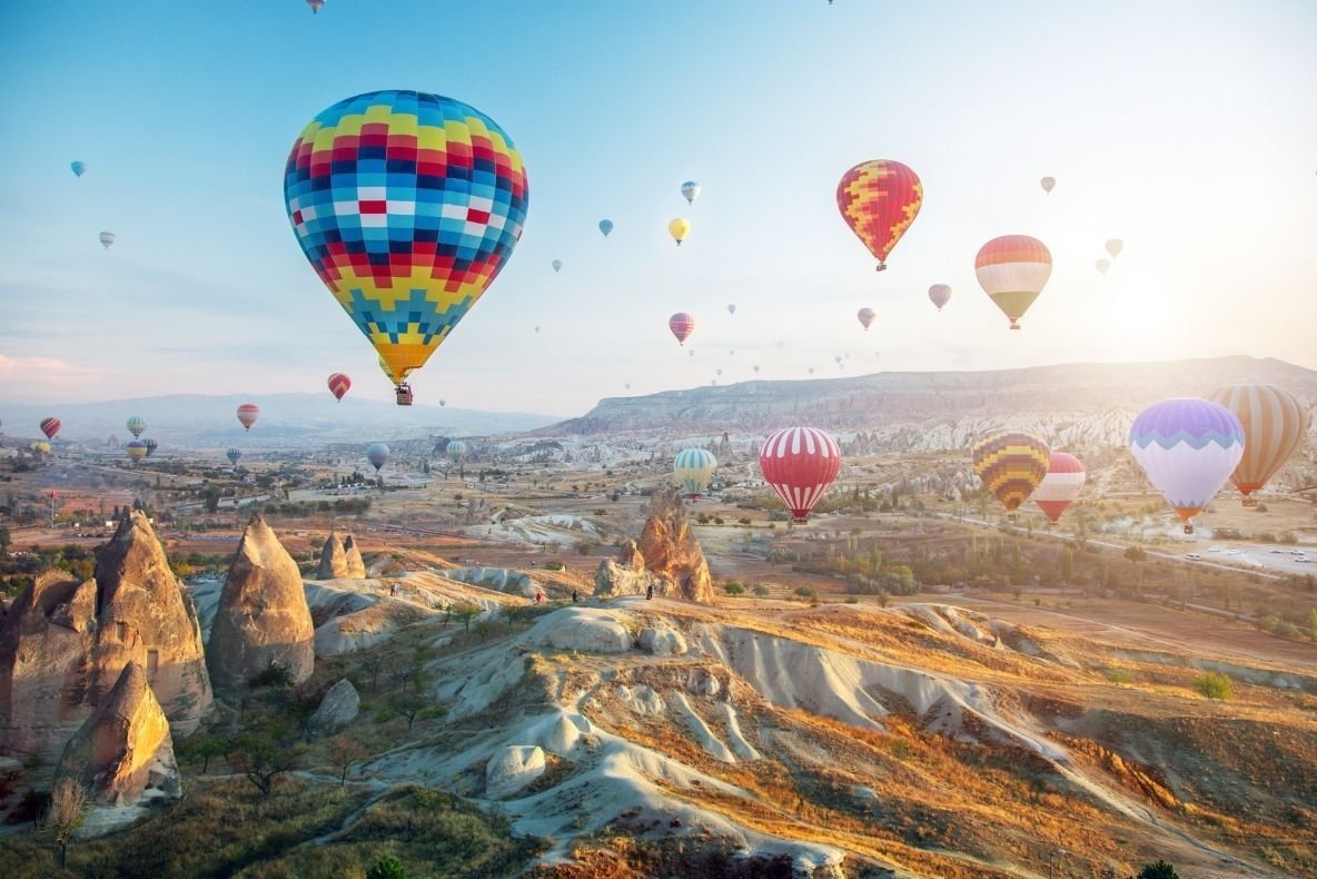 Above the amazing landscapes of Cappadocia in a hot air balloon